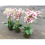 Three large artificial pink phalenopsis orchids, boxed. (3)