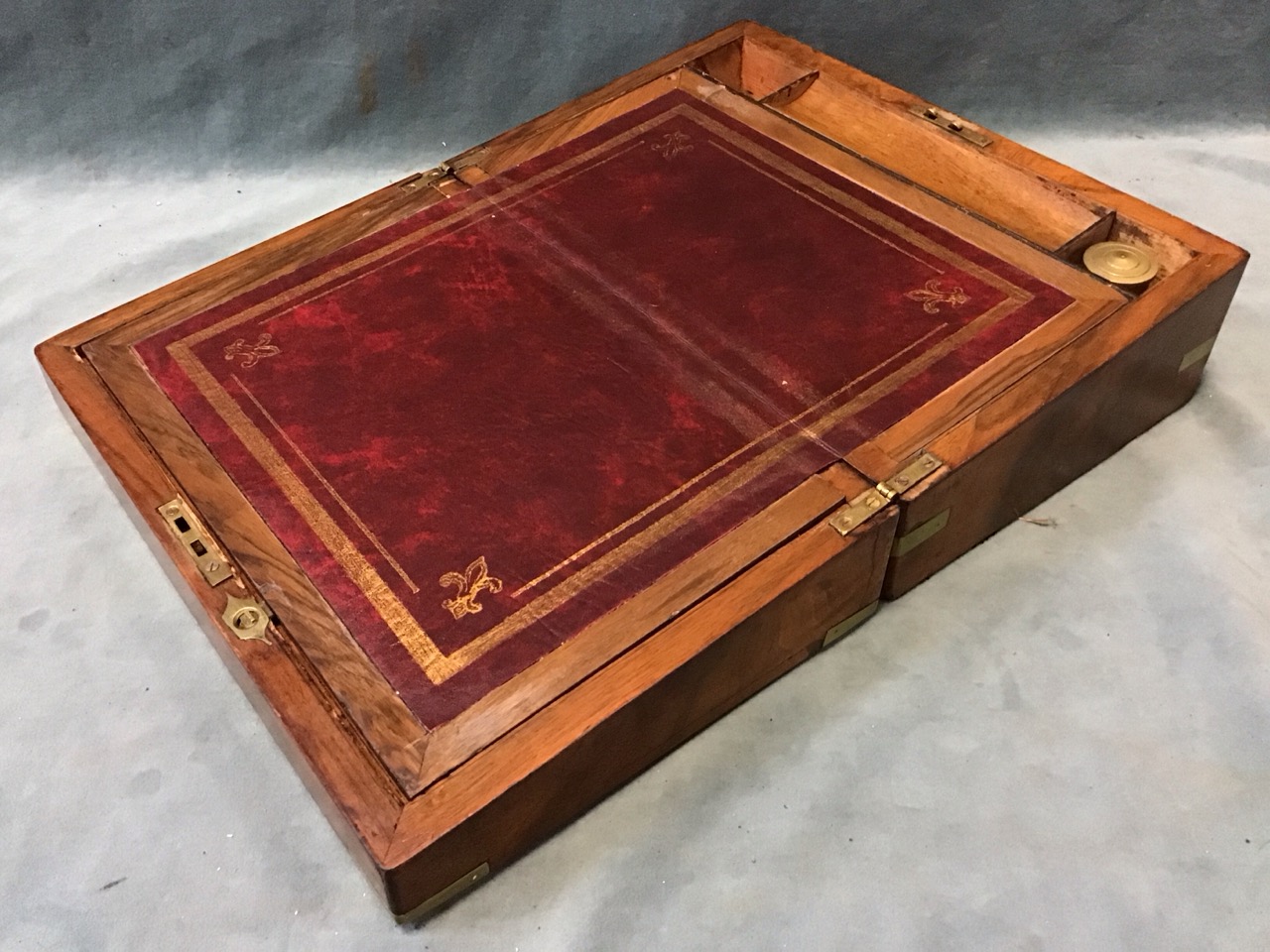 A Victorian brass bound walnut writing slope with brass shield plaque to top having interior with - Image 2 of 3