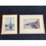 Walter Holmes, coloured print, river scene with the Tyne Bridge, titled Sailing Barge, signed,