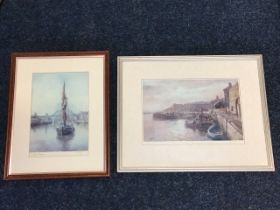 Walter Holmes, coloured print, river scene with the Tyne Bridge, titled Sailing Barge, signed,