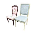 A Louis XVI style painted side chair with moulded rectangular padded back above a seat with