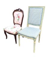 A Louis XVI style painted side chair with moulded rectangular padded back above a seat with