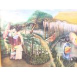 H Coles, Edwardian oil on canvas, Japanese garden landscape scene with figures, signed, in moulded