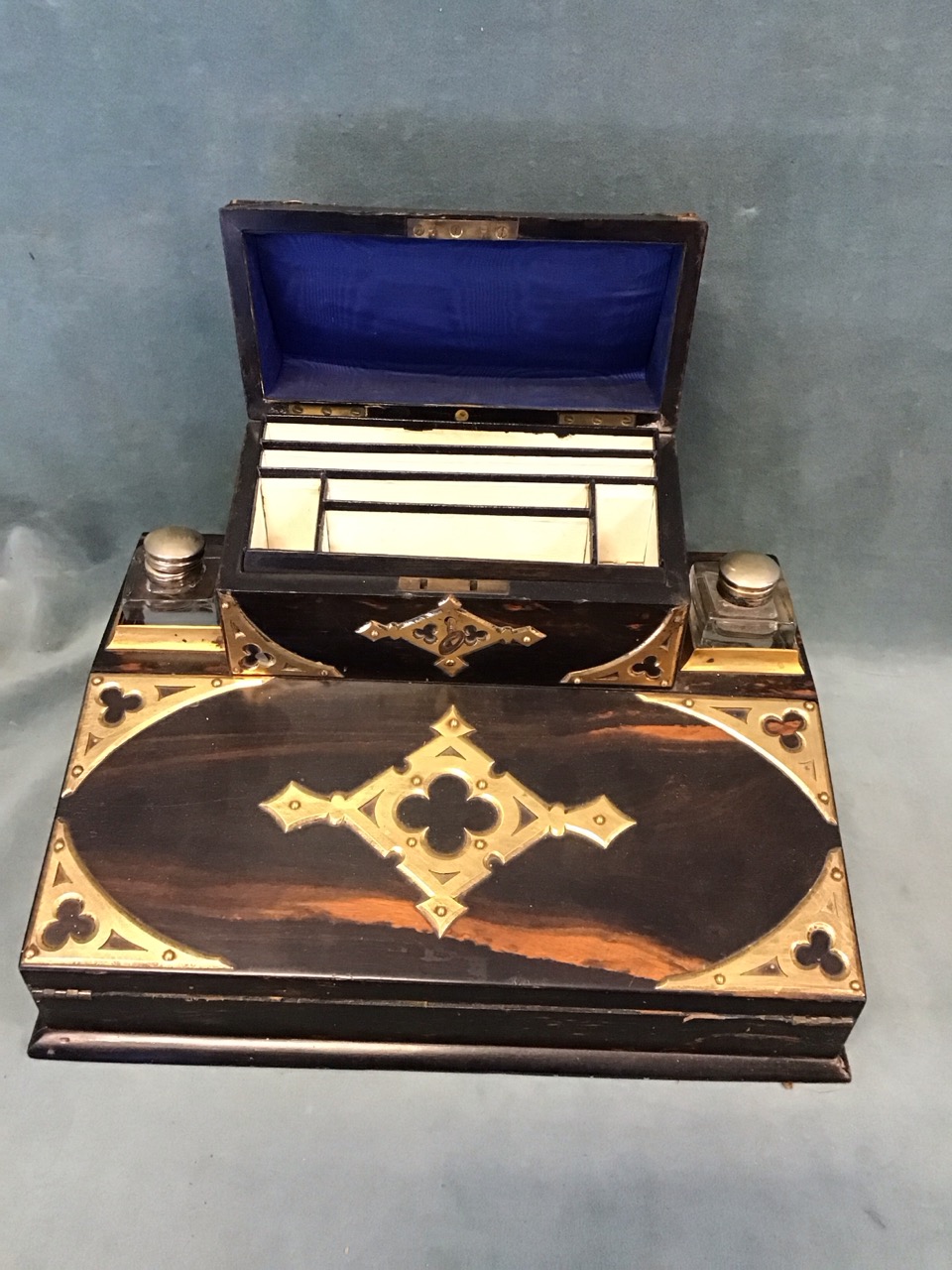 A Victorian coromandel writing box with gothic gilt brass mounts, the top with a stationery box - Image 3 of 3