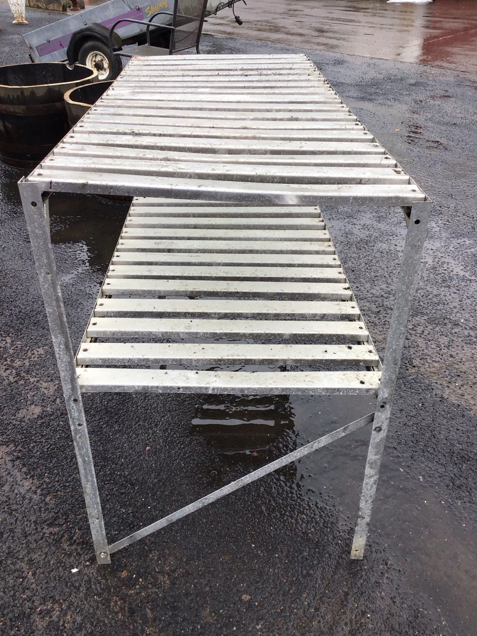 A rectangular aluminium plant table with two slatted shelves on angleiron type supports. (47.5in x - Image 2 of 3