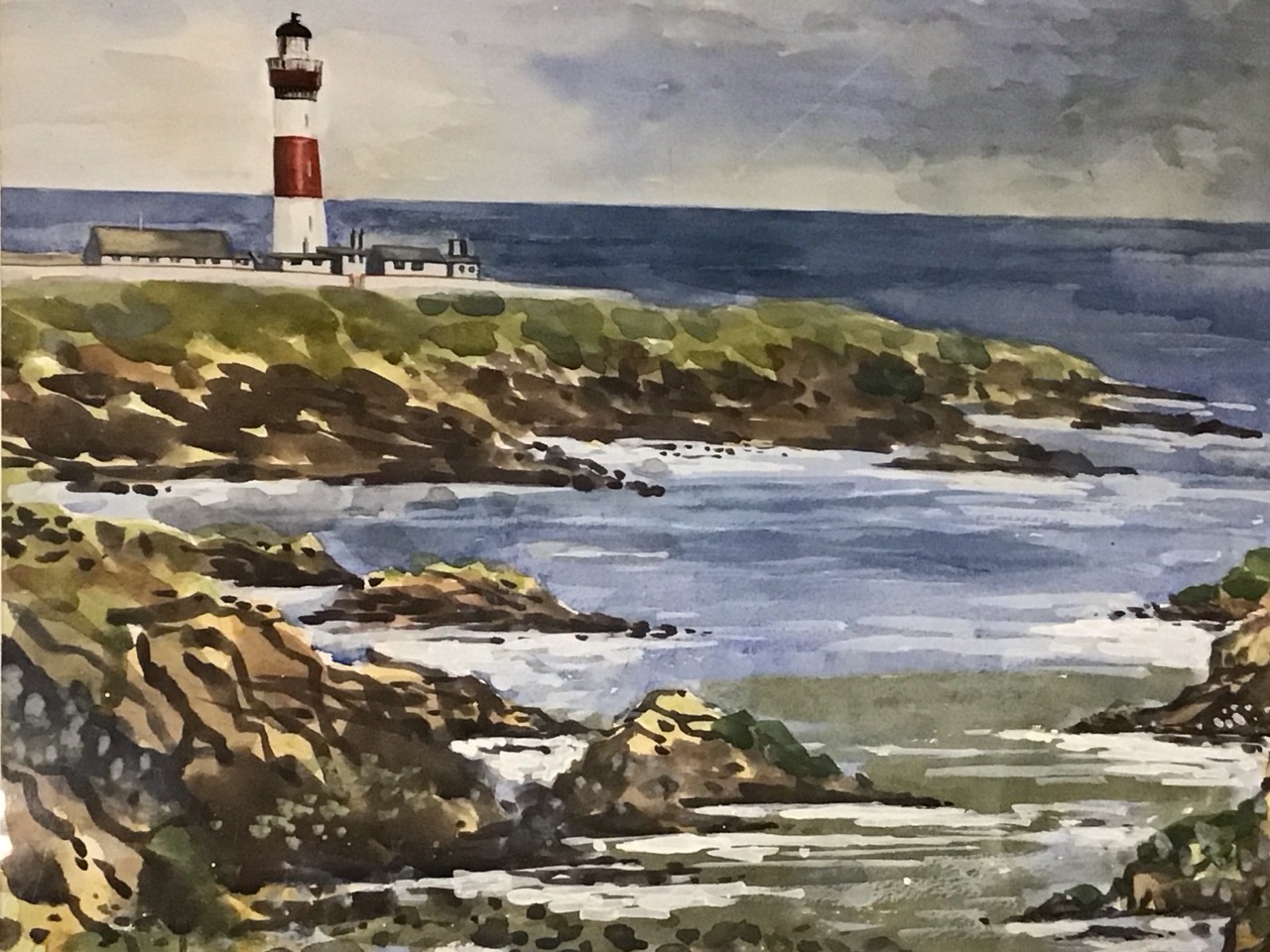 J Will, watercolour, rocky coastal scene with a lighthouse, titled Buchanness Lighthouse to verso, - Image 2 of 3