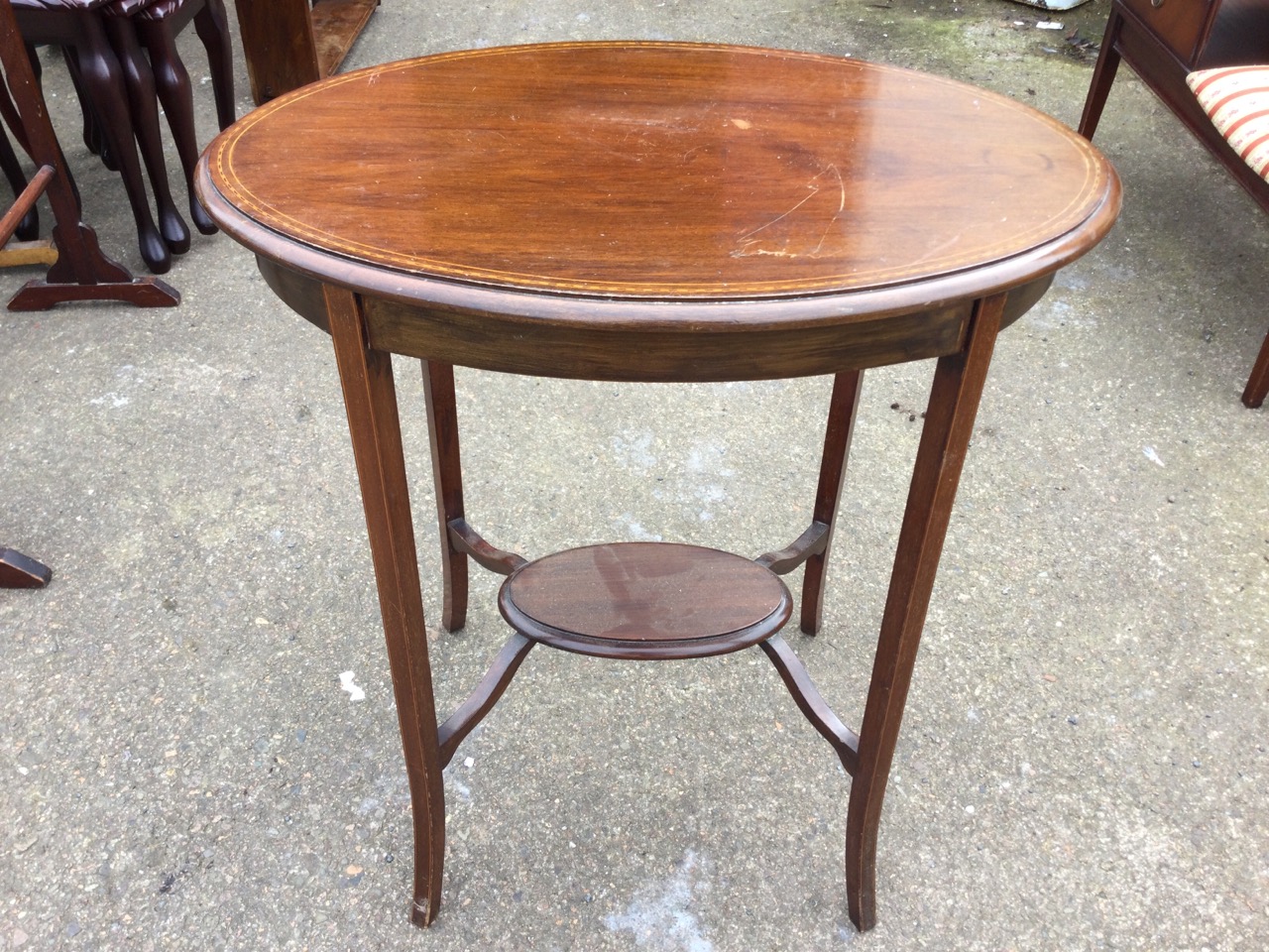 An Edwardian mahogany occasional table with oval moulded chequer strung top raised on square - Image 2 of 3