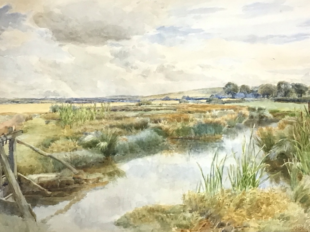 John Hodgson Campbell, watercolour, meadow scene with dyke and sluice gate, signed, dated, mounted & - Image 2 of 3