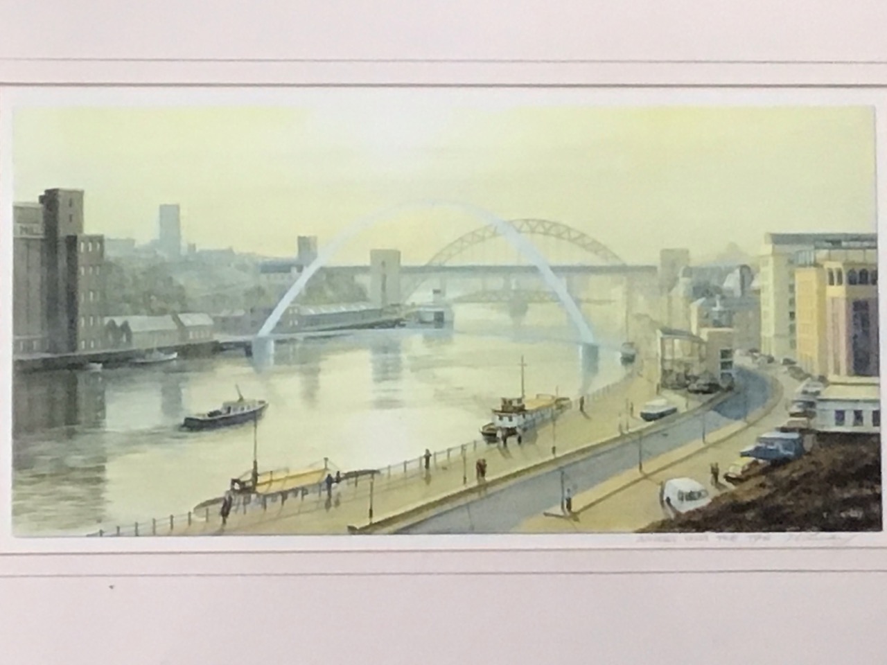 Ivan Lindsay, coloured prints, the Tyne bridges, signed in the print, mounted & framed - 19in x - Image 3 of 3