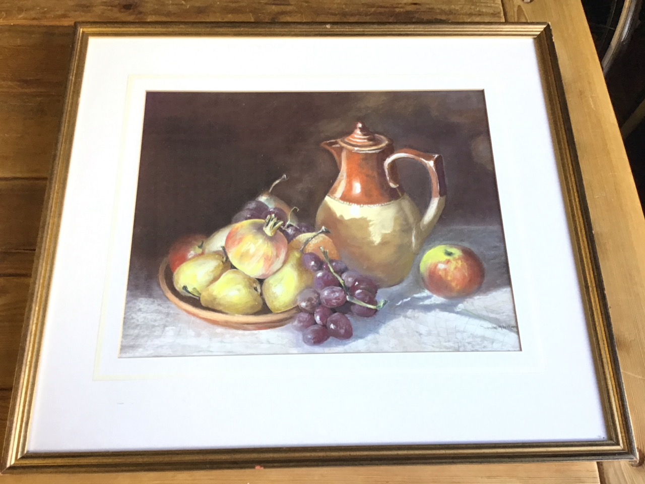 Sandra M Lister, pastel, still life with plate of fruit and stoneware jug, signed, mounted & gilt