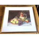 Sandra M Lister, pastel, still life with plate of fruit and stoneware jug, signed, mounted & gilt