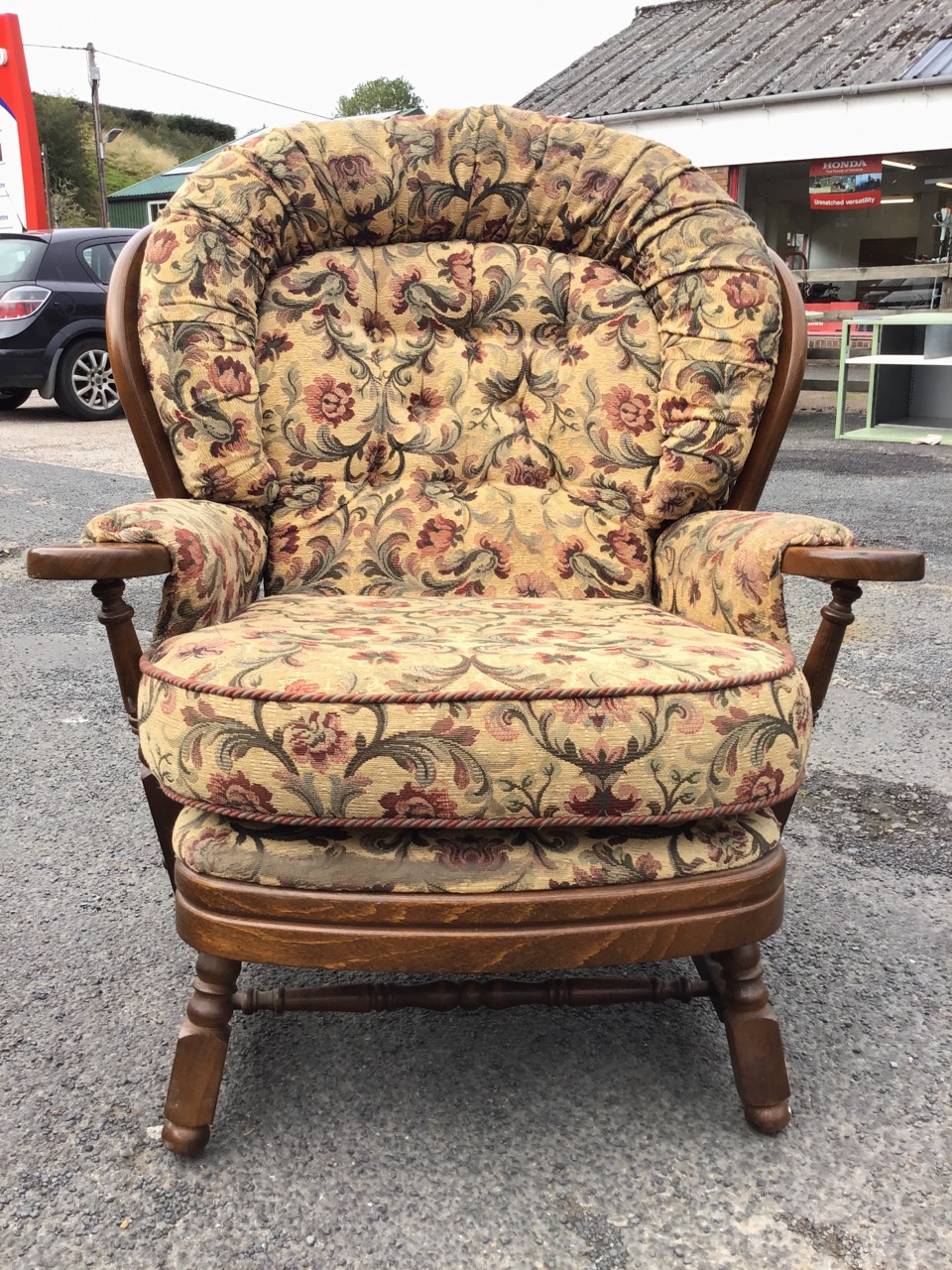 A pair of stained beech armchairs, the hooped spindle backs with loose button upholstered - Image 3 of 3