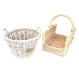 A circular cane two handled log basket; and a rectangular cane log carrier with loop handle. (2)