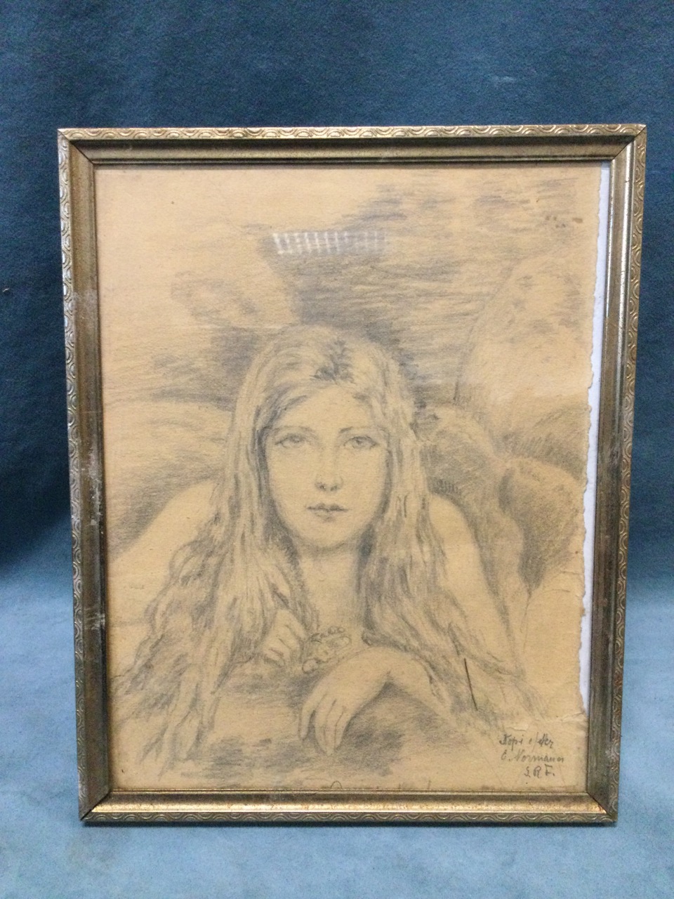 A European pencil study of a young lady, signed indistinctly and titled Den lille harpine? gilt - Image 3 of 3