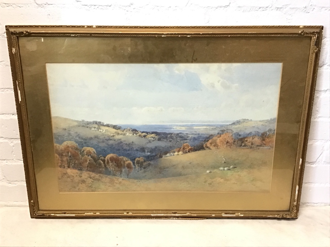 Frederick Tucker, C19th watercolour, extensive landscape with sheep in foreground, signed, in gilt & - Image 3 of 3
