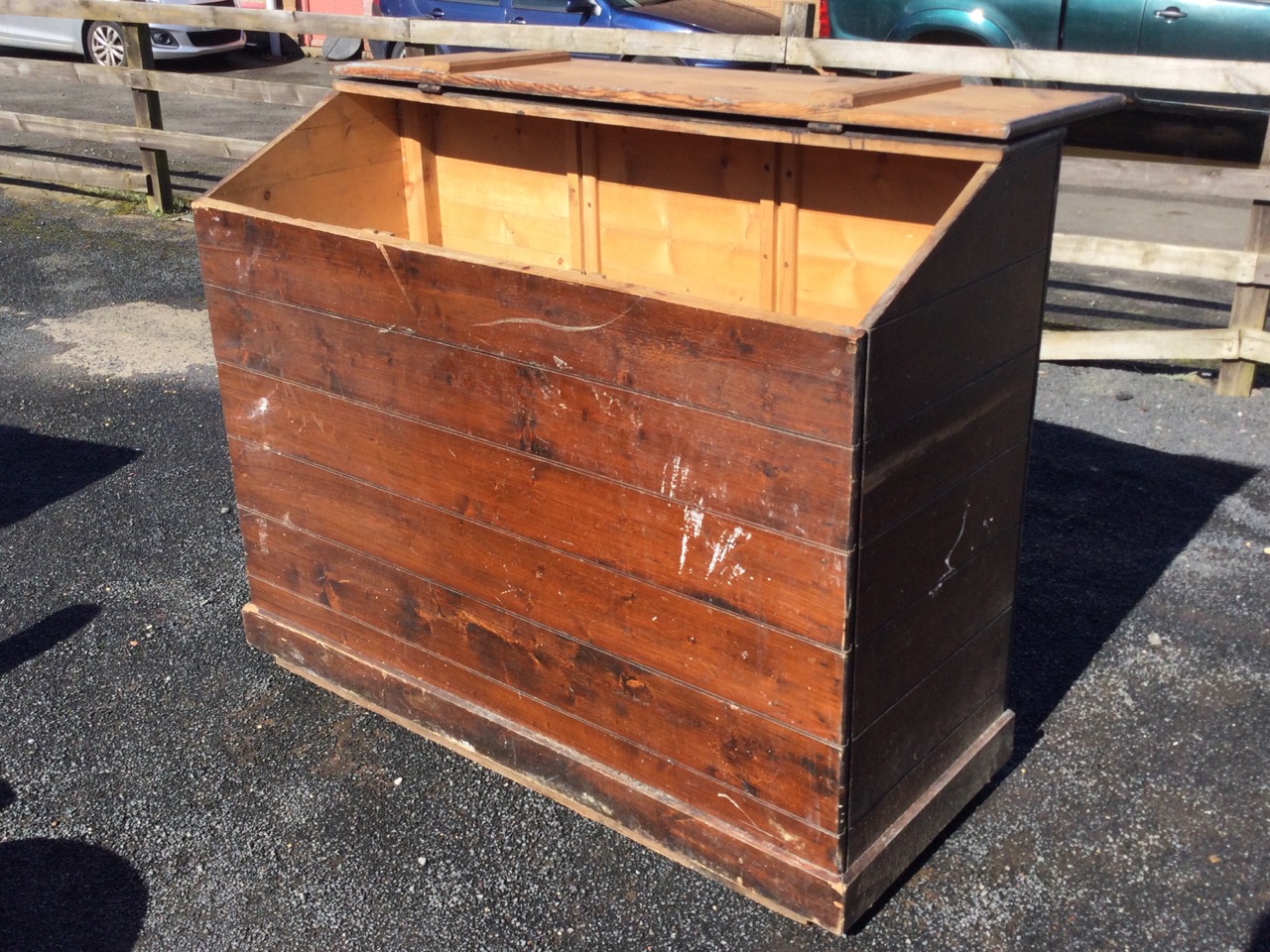 A tongue & groove boarded pine saddle bin, the angled lid with strap hinges, supported on a - Image 3 of 3