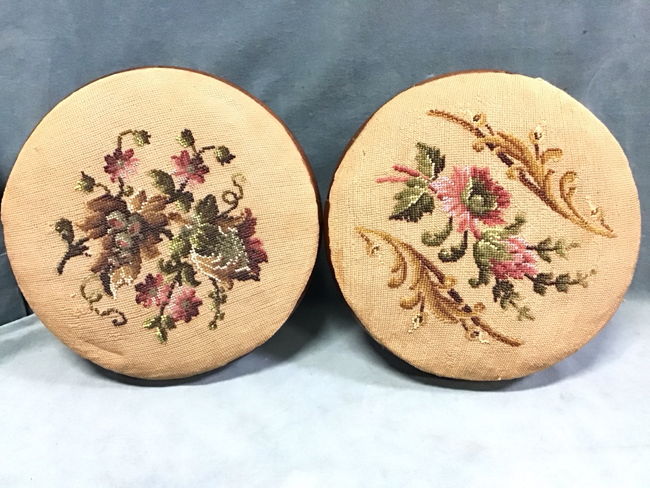 A pair of Victorian mahogany footstools with circular upholstered drop-in floral wool & beadwork - Image 2 of 3