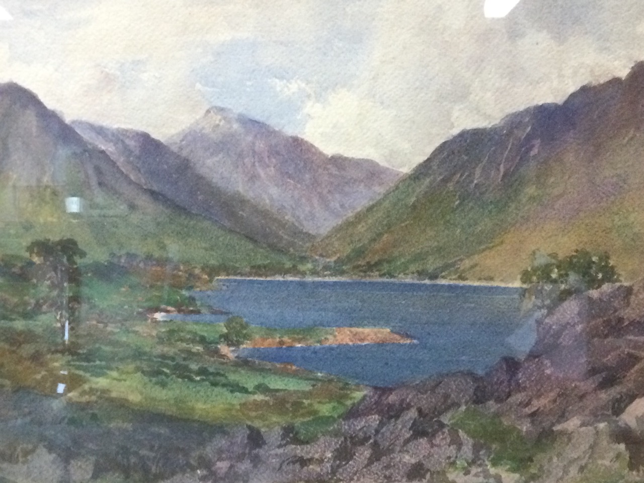 Watercolours, a pair, Scottish landscape scenes with lochs, unsigned, mounted & framed; and a - Image 3 of 3