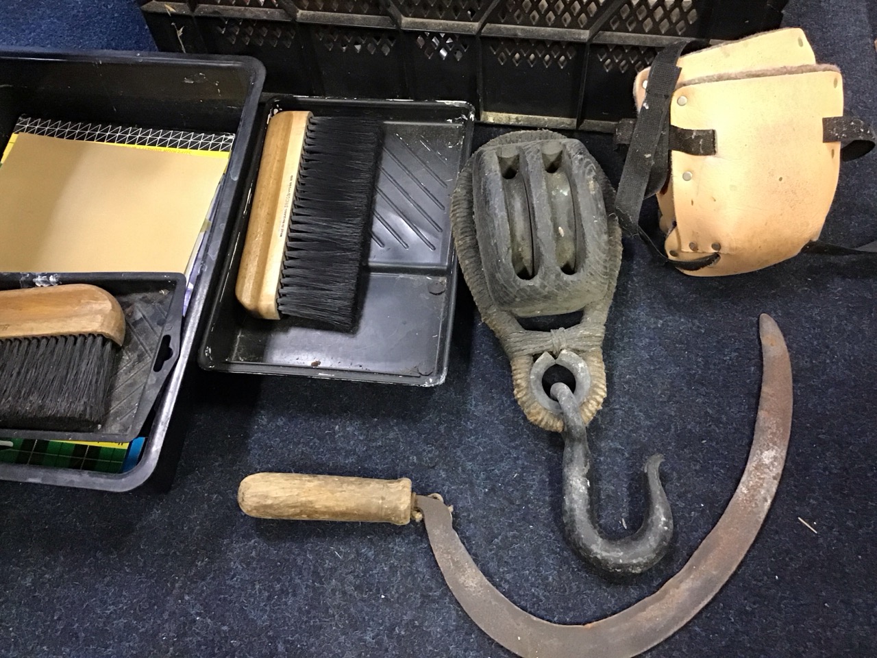 Miscellaneous tools including a double pulley block, a sickle, a drill, a axe, a brass pumped spray, - Image 3 of 3