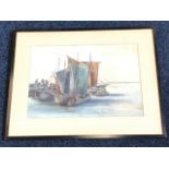 Late Victorian watercolour, figures and sailing boats at quayside, signed indistinctly Han C