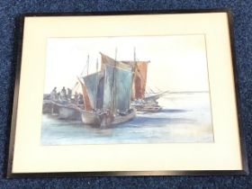 Late Victorian watercolour, figures and sailing boats at quayside, signed indistinctly Han C