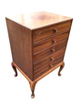 A mahogany music cabinet with five moulded knobbed drop-down drawers, raised on cabriole legs. (20in