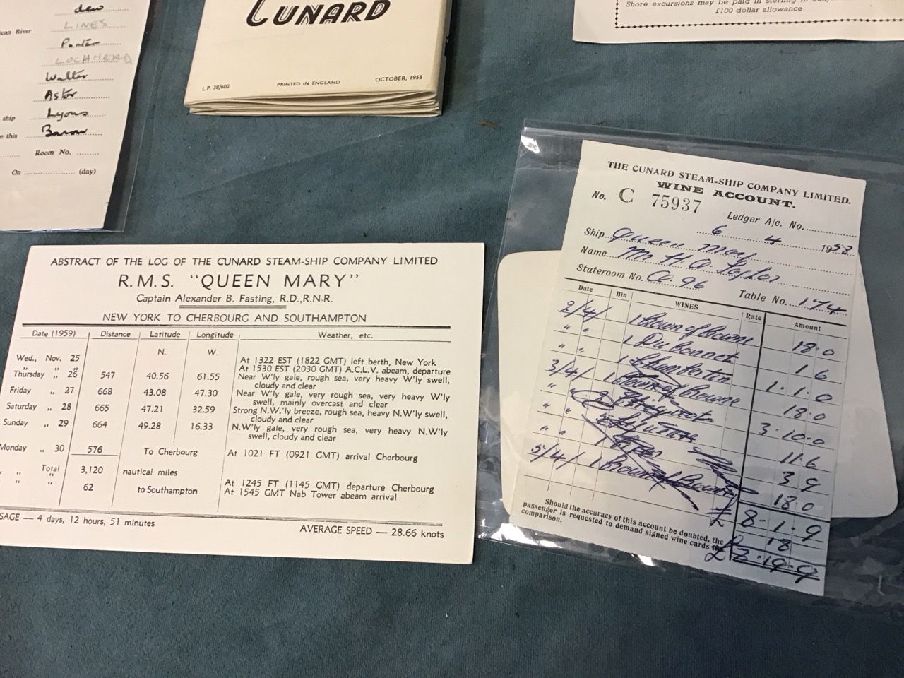 A collection of RMS Queen Mary 1st Class ephemera - from a Southampton-New York 1958 voyage - - Image 2 of 3