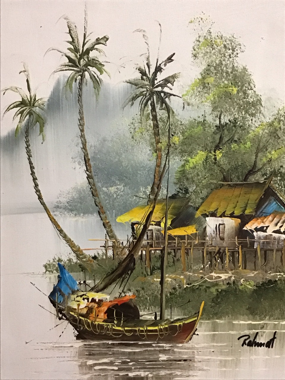 Rahmat, oil on canvas, tropical coastal village with palm trees and a boat, signed & framed; oil - Image 2 of 3