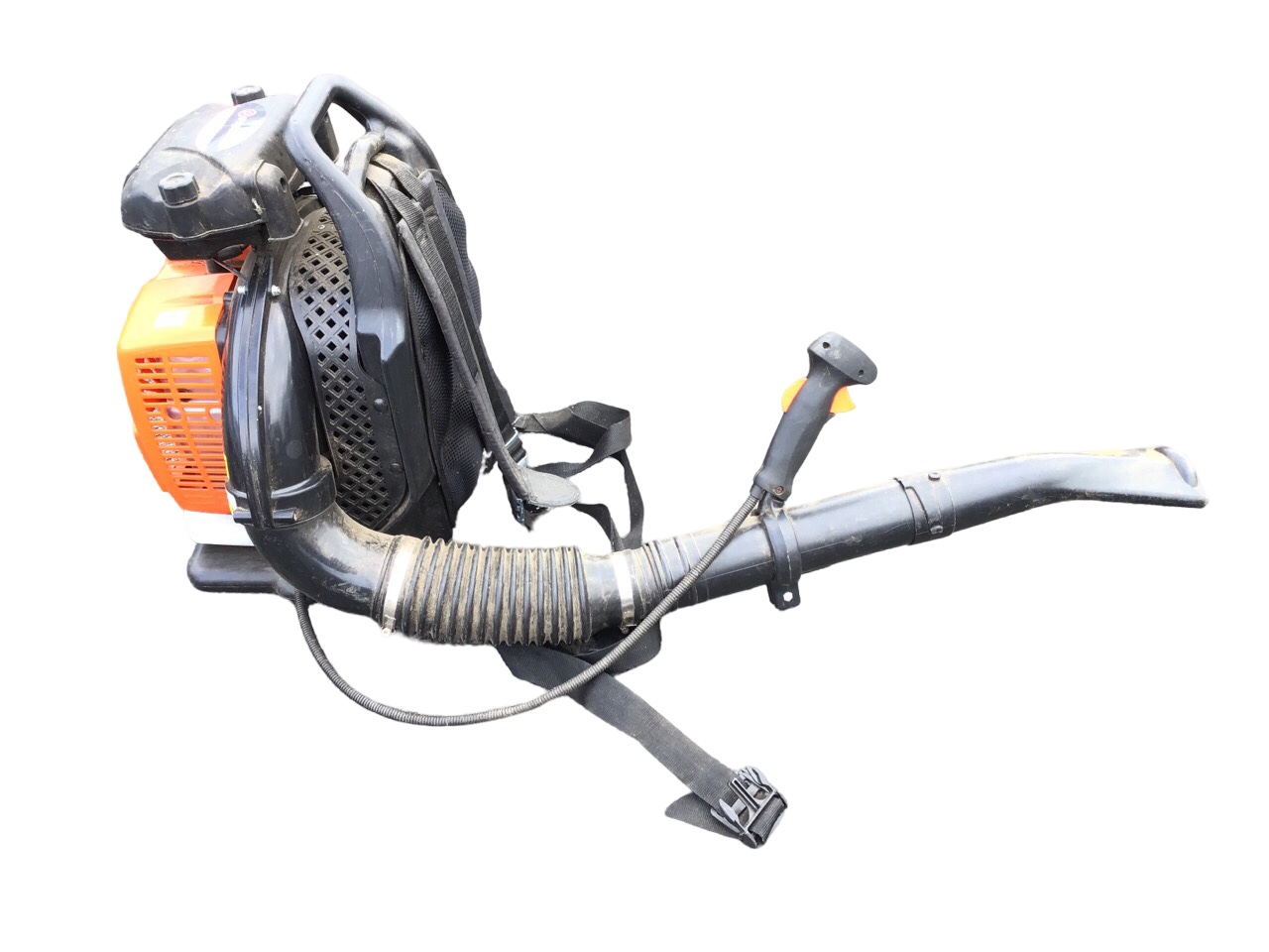 A Parker petrol engine powered knapsack leaf blower, complete with harness.