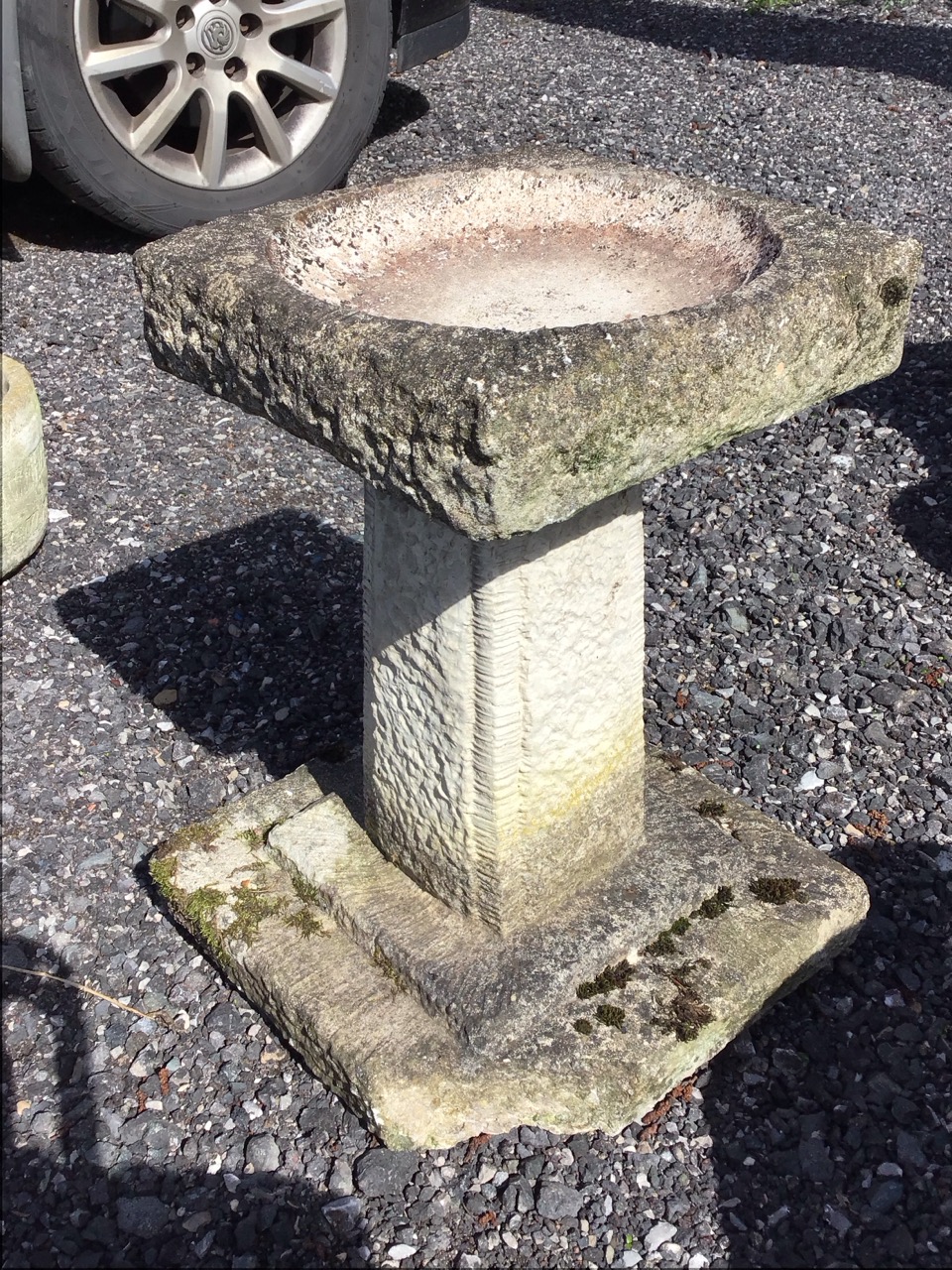 A composition stone garden birdbath with square bowl on tapering roughcast panelled column above a - Image 2 of 3