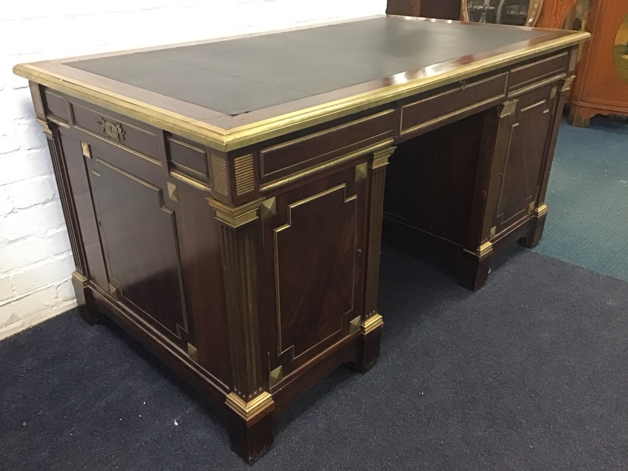A French Empire style mahogany brass mounted desk with rectangular moulded top and leather skiver - Image 3 of 3