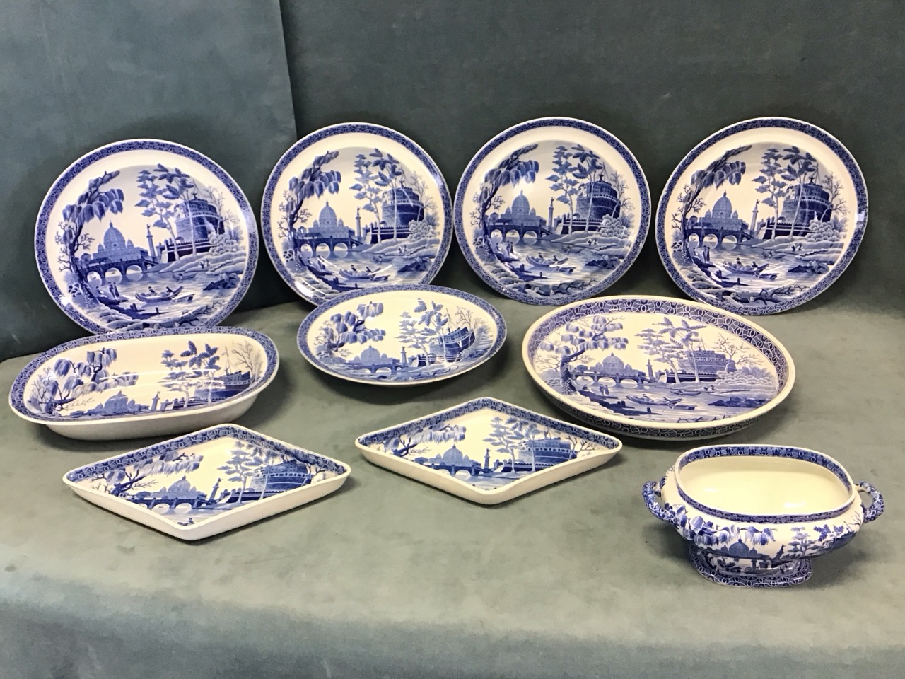 A collection of regency period Spode Blue Italian ceramics - a cheese plate, two lozenge shaped