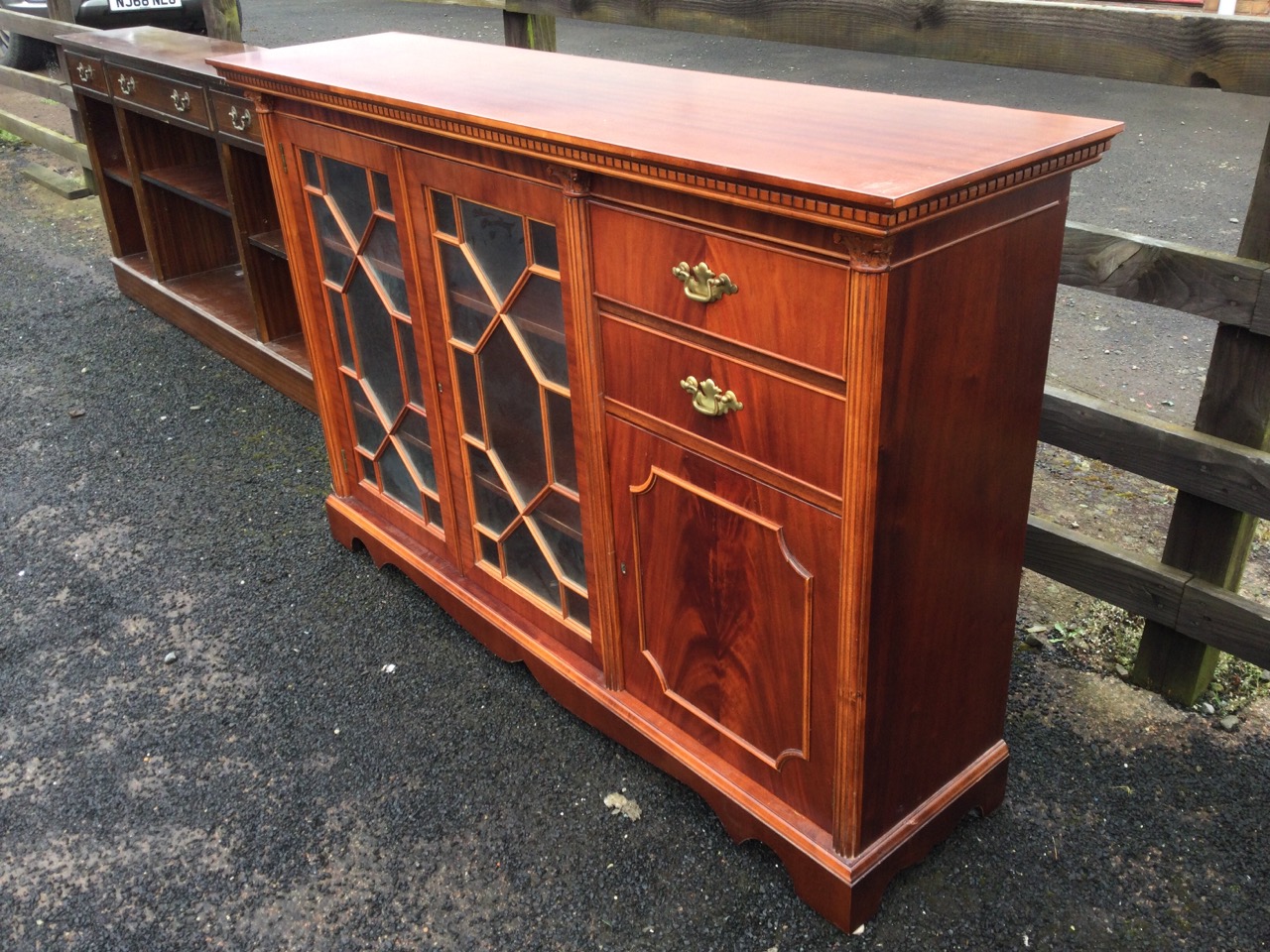 A Georgian style mahogany side cabinet with dentil cornice above a pair of astragal glazed doors and - Image 3 of 3