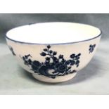 An C18th Caughley blue & white porcelain bowl decorated in the peach pattern - S mark. (6in)