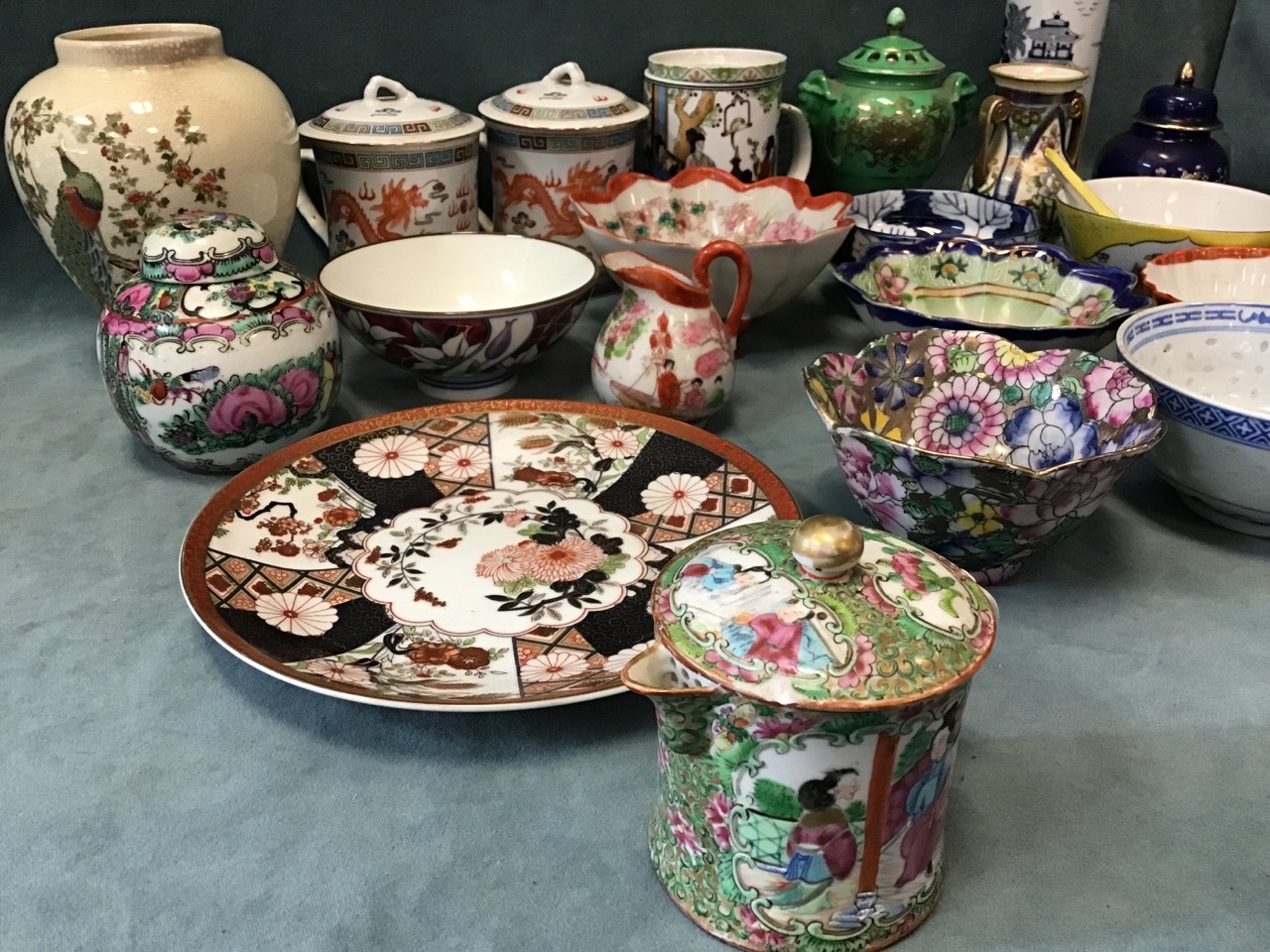 Miscellaneous oriental ceramics - a C19th Canton mandarin pattern covered jug, mugs, vases, a - Image 2 of 3