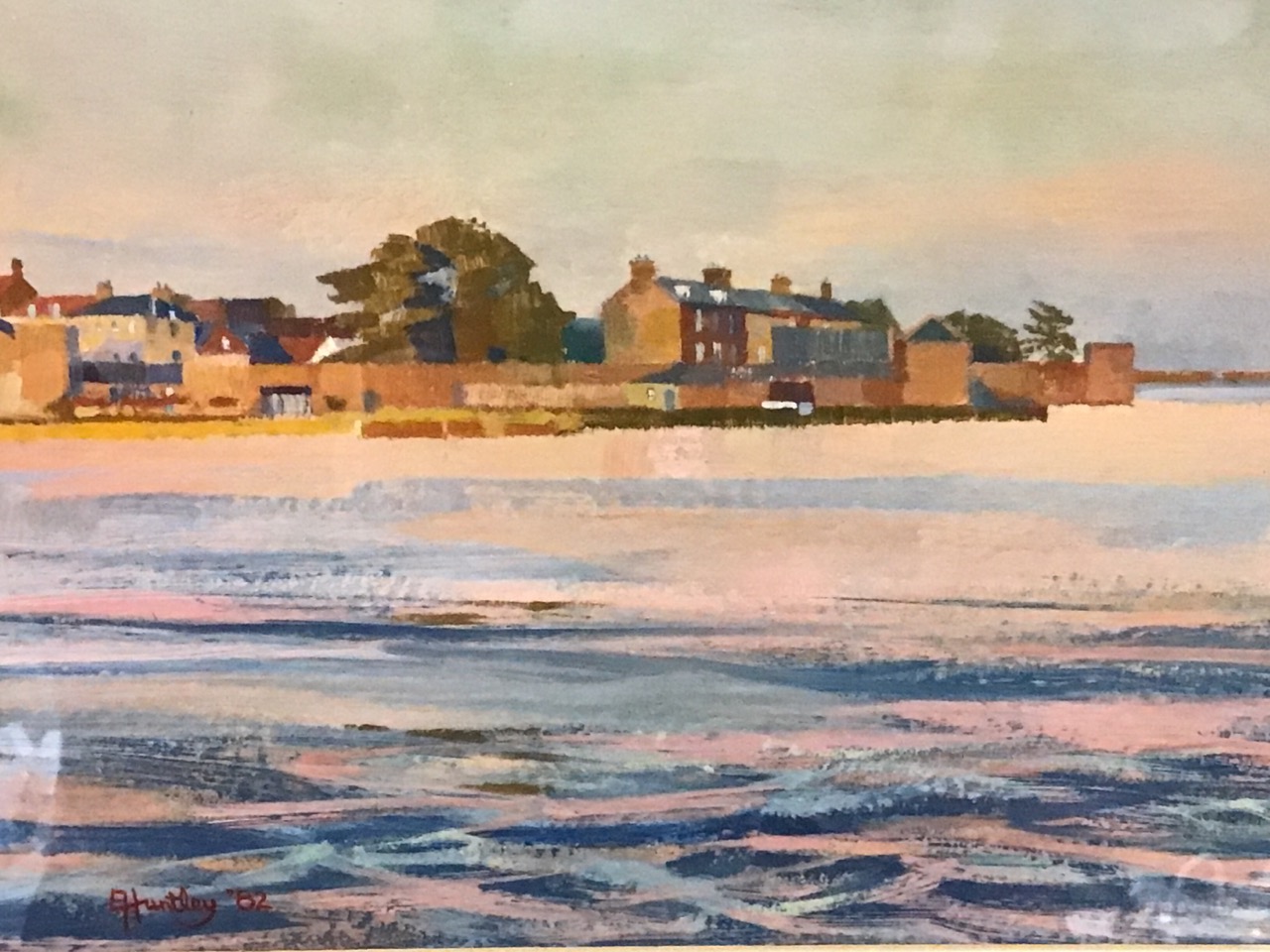 Eric Huntley, oils on card, coastal village in sunlight, titled Tweedside - Summer Evening on - Image 3 of 3