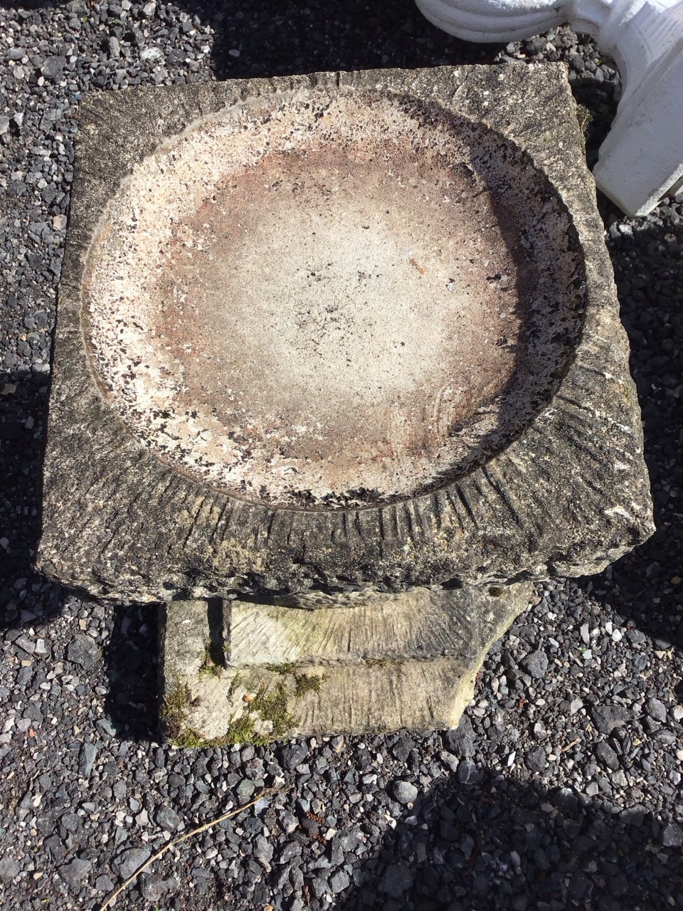 A composition stone garden birdbath with square bowl on tapering roughcast panelled column above a - Image 3 of 3