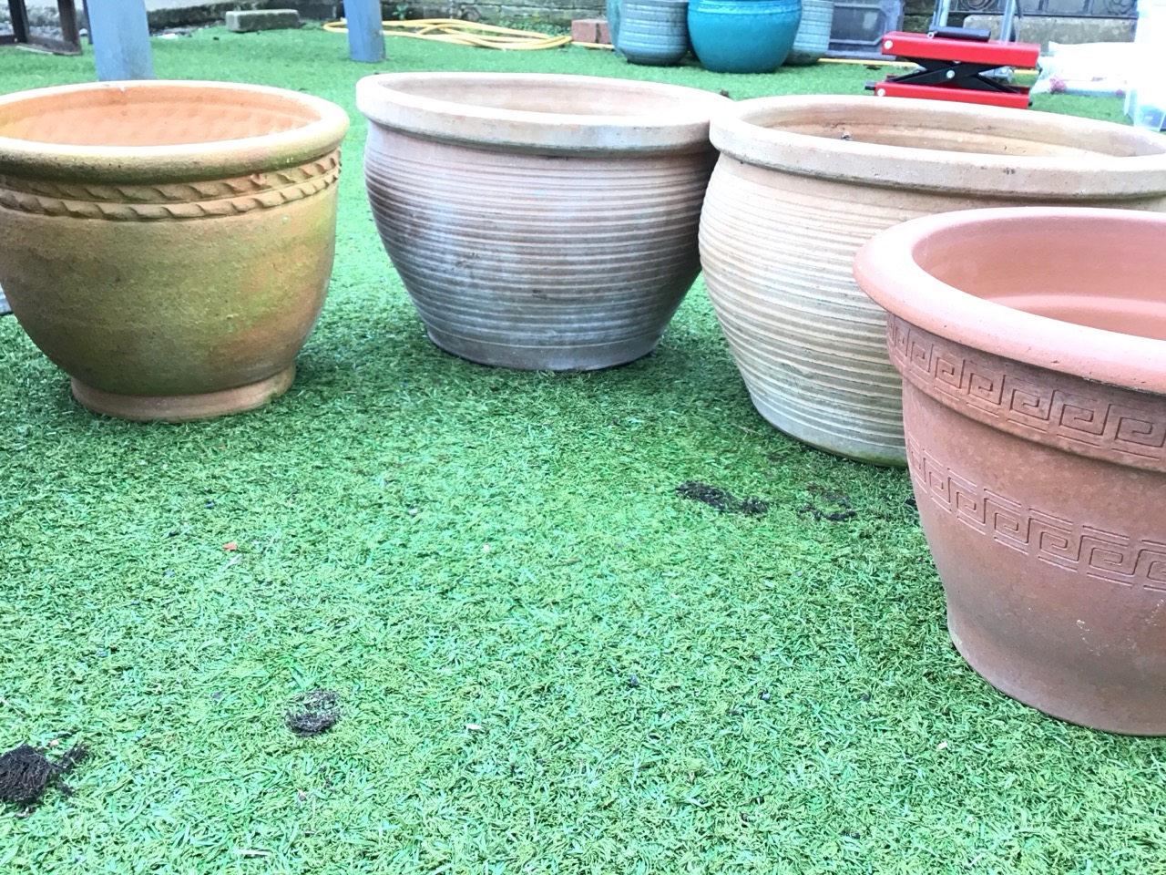 A pair of ribbed terracotta tapering garden pots; a large stoneware tub with scraffito decoration to - Image 3 of 3