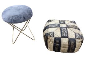 A square panelled leather pouffe with gilded decoration; and a circular upholstered stool with