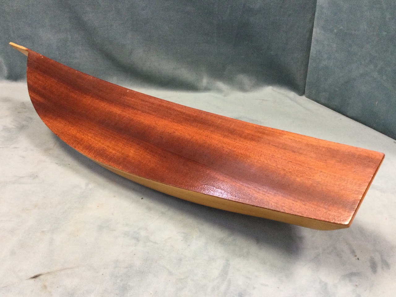 A beech carved half-hull model of a ketch, the boat with mahogany deck. (30.25in) - Image 2 of 3