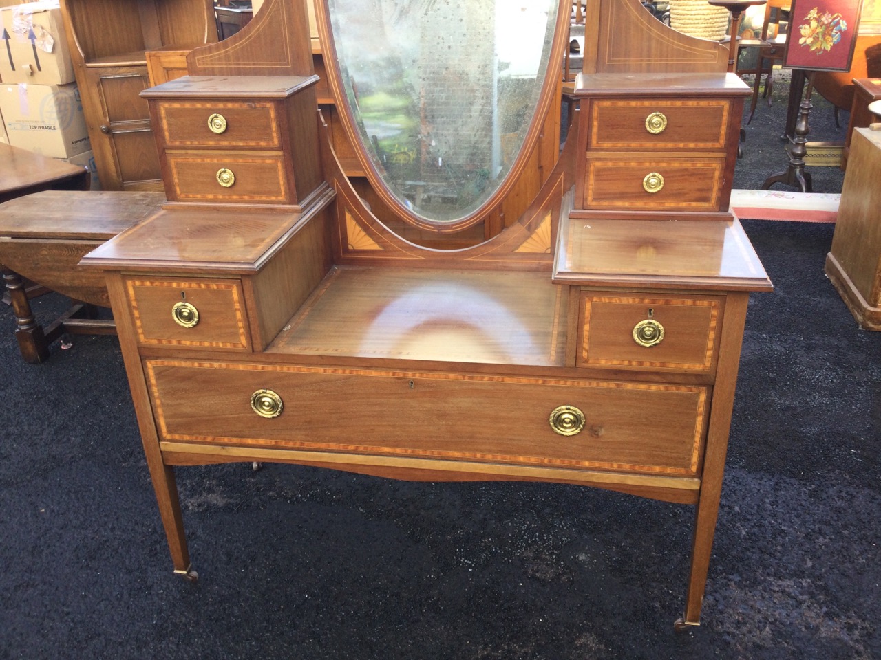 A Victorian mahogany satinwood banded dressing table, with oval bevelled mirror on columns with - Image 3 of 3