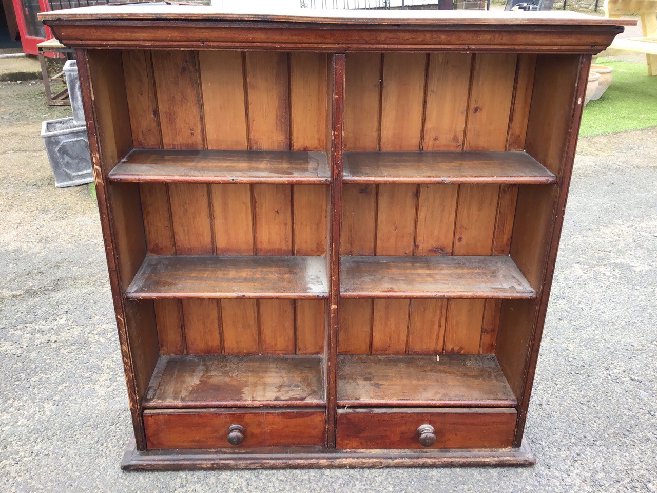 A Victorian mahogany bookcase with moulded cornice above open shelves and tongue & grooved back, the - Image 2 of 3