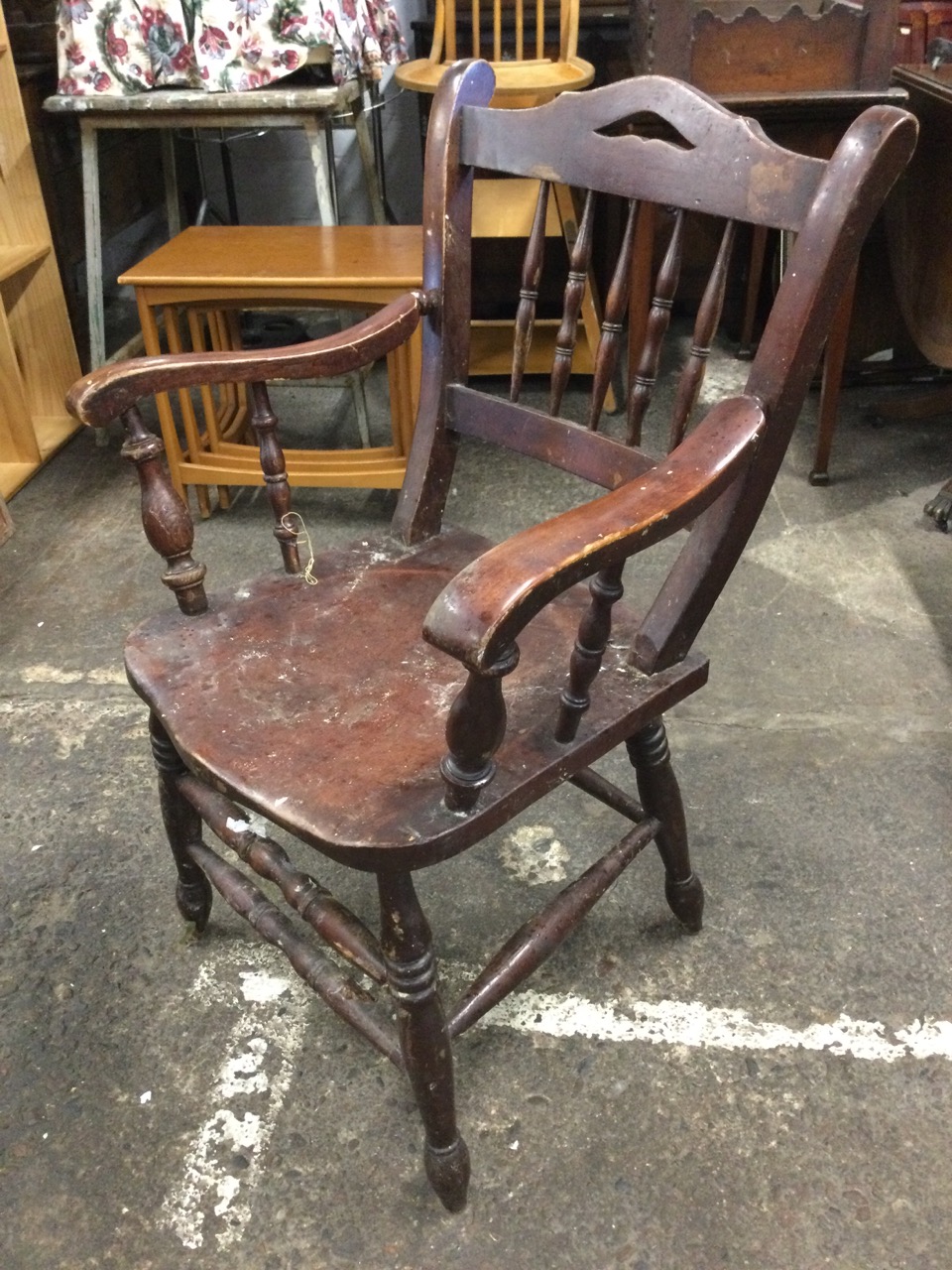 A late nineteenth century country armchair with spindles to back and shaped arms on turned - Image 3 of 3