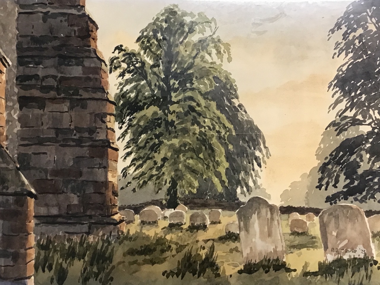 Peter J Clarke, watercolour, a churchyard with trees in evening sunlight, signed & dated, - Image 2 of 3
