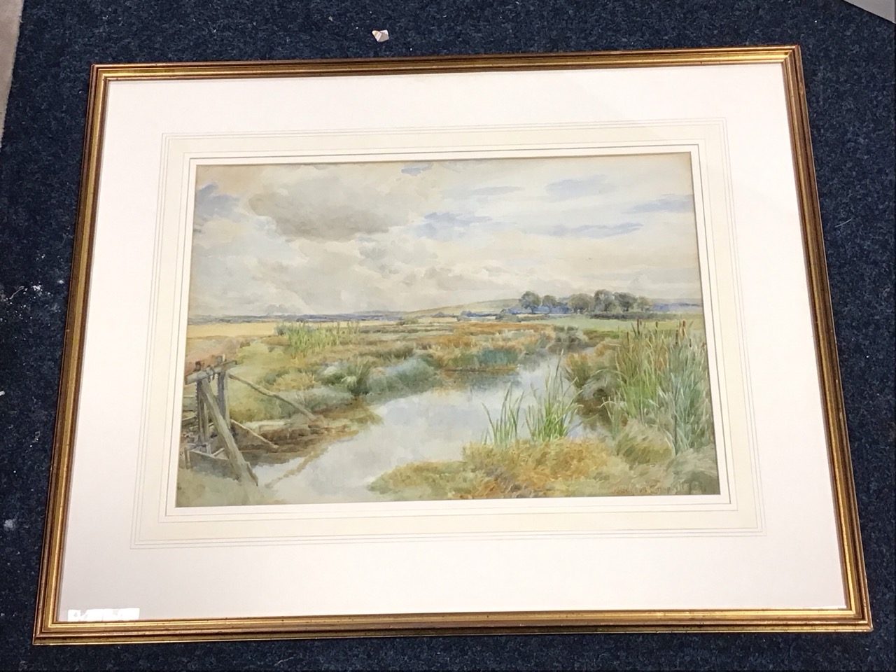 John Hodgson Campbell, watercolour, meadow scene with dyke and sluice gate, signed, dated, mounted &