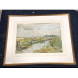 John Hodgson Campbell, watercolour, meadow scene with dyke and sluice gate, signed, dated, mounted &