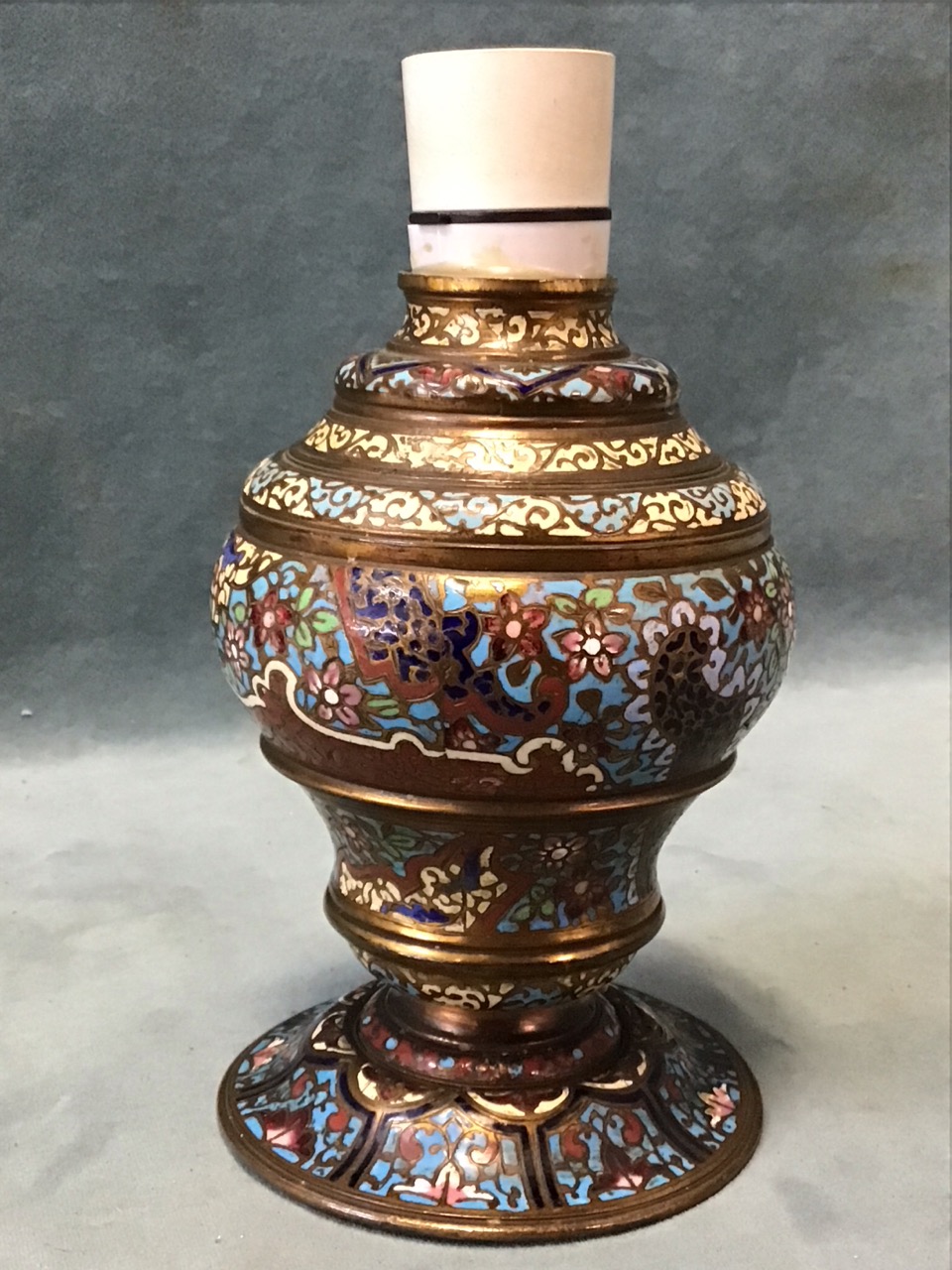 A French brass champlevé enamel baluster tablelamp base decorated allover with moorish style - Image 2 of 3