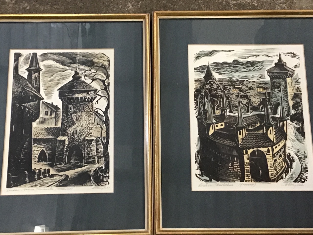 A set of three coloured linocut prints of historic buildings in Krakow - the circular medieval - Image 2 of 3