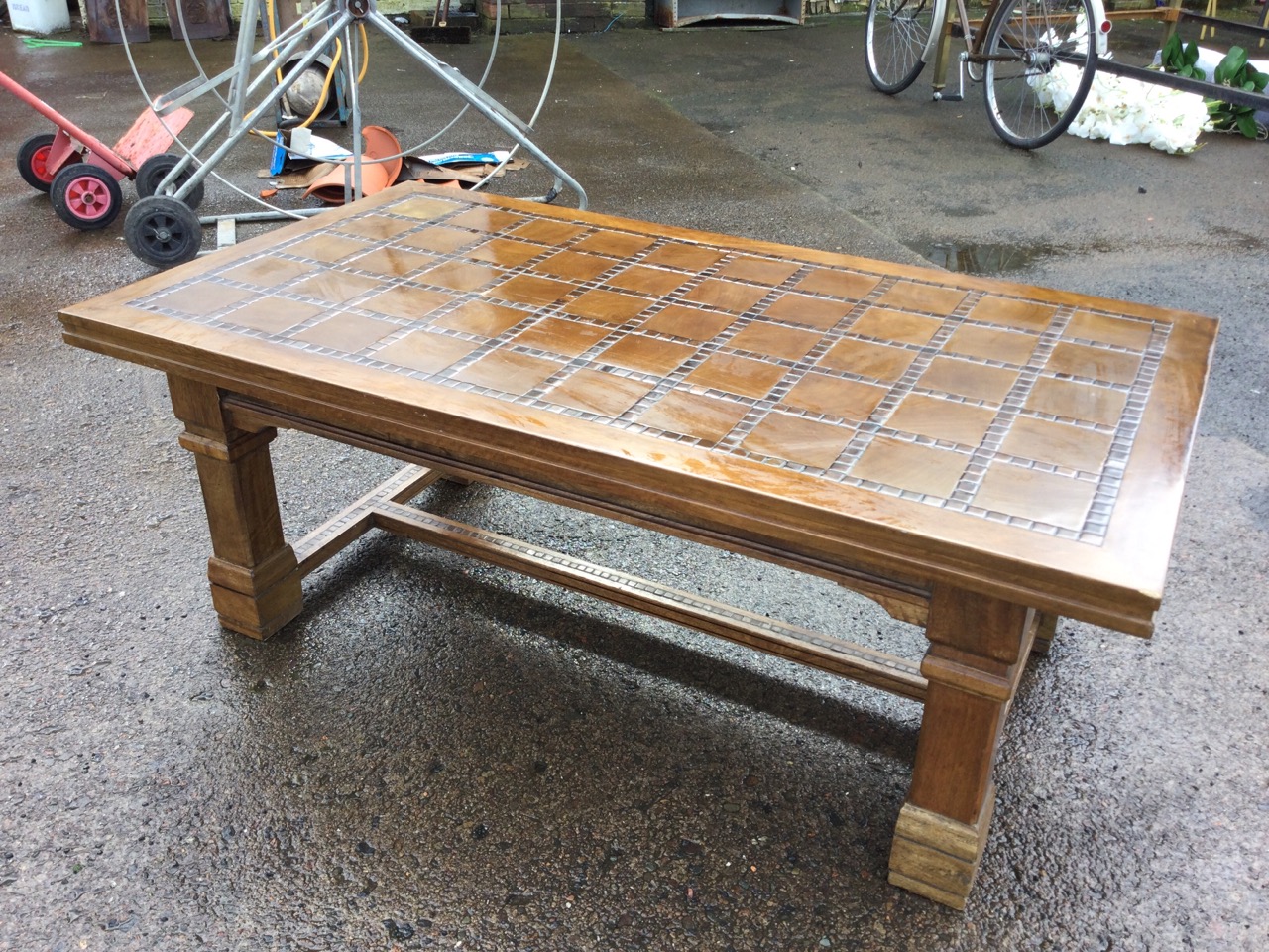 A contemporary walnut coffee table, the rectangular top inlaid with marquetry tile style panels - Image 2 of 3