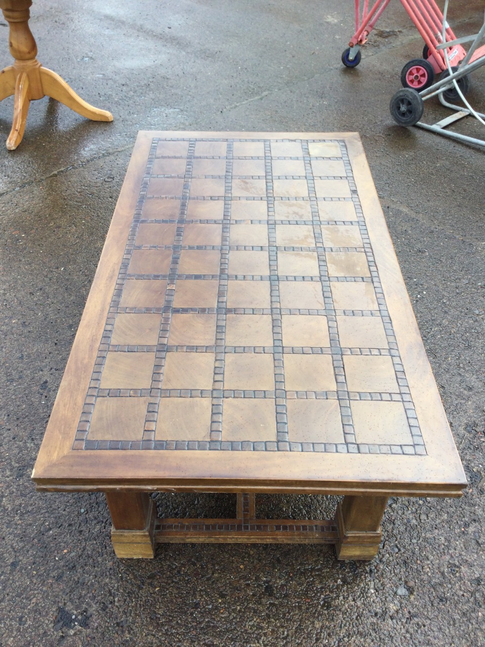 A contemporary walnut coffee table, the rectangular top inlaid with marquetry tile style panels - Image 3 of 3